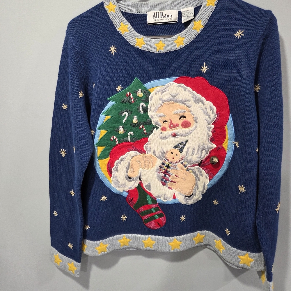 Vintage All Points Embroidered Santa Sweater Medium Christmas